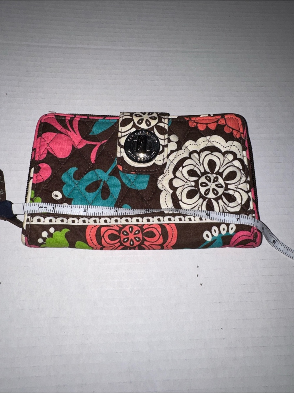 Vera Bradley Brown Floral Quilted Wallet with Pink, Teal & White Accents